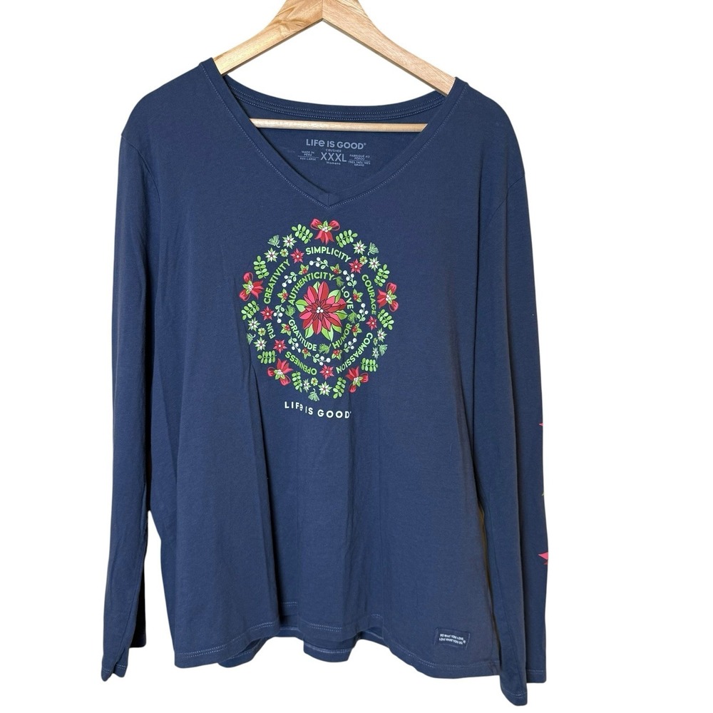 Life Is‎ Good Long Sleeve Shirt Blue Graphic Tee Wildflower Mandala XXXL 3XL